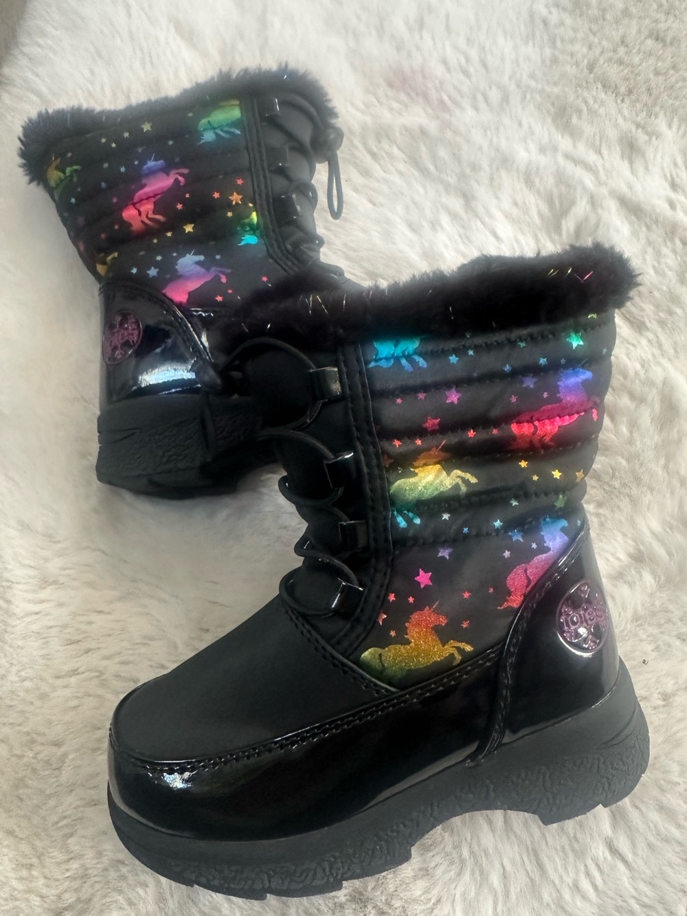 totes Black Kids Winter Boots with Rainbow Unicorns